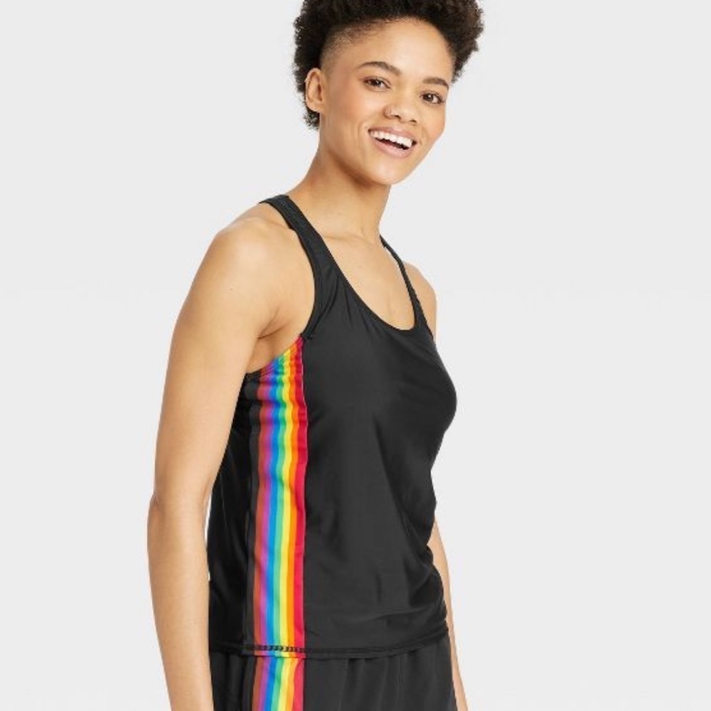 Pride Adult unisex Humankind Swim Tank Top Black Rainbow Striped lgbtq Tankini